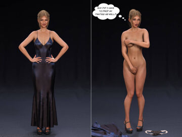 1girls 3d black_dress blonde_hair breasts cirilover1 covering_breasts covering_crotch dress embarrassed embarrassed_nude_female enf english_text female high_heels nude nude_female on/off original pigeon-toed thought_bubbles