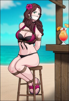 1girls alternate_costume angry arms_behind_back bare_arms bare_legs bare_midriff bare_shoulders barefoot bikini bondage bound bound_arms bound_legs bound_to_chair bound_wrists breasts brown_hair brush captured chair cleavage collarbone door dorothea_arnault dorothea_arnault_(summer) earrings female female_only femsub fire_emblem fire_emblem:_three_houses fire_emblem_heroes gag green_eyes hair_over_shoulder just_some_guy large_breasts legs long_hair looking_at_viewer looking_to_the_side midriff more_at_source nail_polish nintendo official_alternate_costume on_chair outdoors pink_nails restrained rope rope_bondage shoulders sitting solo swimsuit