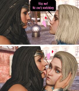 2girls 3d 3d_(artwork) black_hair blonde_hair blue_eyes dc dc_comics english_text female female_focus female_only injustice_2 licking licking_face long_hair looking_at_viewer multiple_females multiple_girls ninninja short_hair supergirl superman_(series) wonder_woman wonder_woman_(series) yuri