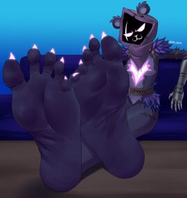 armor bear black_body claws facial_scar feet female foot_fetish foot_focus foot_on_table fortnite fortnite:_battle_royale fur furry_only glowing humanoid_feet looking_at_viewer purple_fur raven_team_leader salmobaliki simple_background soles ssunsalm thighs toes wrinkled_feet wrinkles