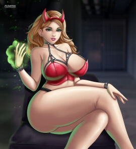 1girls ass big_breasts blonde_hair breasts cleavage enchantress_(amora) female female_only flowerxl green_eyes horn large_breasts legs_crossed light-skinned_female light_skin looking_at_viewer marvel marvel_comics panties pink_lipstick red_nails sitting solo thick_thighs thor_(series) voluptuous wide_hips