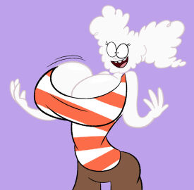 2d air_creature air_humanoid breast_expansion breast_growth breast_growth_(enlargement) breasts breasts_bigger_than_head brown_pants cartoon_network cleavage cloud cloud_creature cloud_humanoid cloudy_jay female jiggling_breasts massive_breasts oboithisisfunky regular_show smile striped_tank_top white_hair