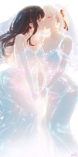 2d 2girls female female_only hiori hiori_700353 inoue_takina kissing lesbian_couple lesbian_kiss lycoris_recoil nishikigi_chisato wedding_dress wedding_veil yuri