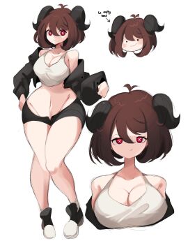 big_breasts bra breasts brown_hair character_sheet cute emi_(gazericc) female gazericc light-skinned_female light_skin no_background open_jacket original original_character ram_horn red_eyes reference_sheet resting_bitch_face short_hair short_shorts slightly_chubby thick_thighs