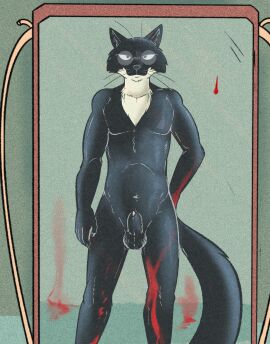 2024 after_murder animal_genitalia anthro balls black_balls black_body black_fur black_nose black_sheath black_tail blood_on_mirror blood_stain blue_eyes bodily_fluids casual_nudity cheek_tuft claws clothing countershade_neck countershading eyewear facial_tuft flaccid fur genitals glasses gulonine hi_res illegaleel inner_ear_fluff jack_salem long_tail looking_at_mirror looking_at_object male mammal marten mirror multicolored_body multicolored_fur murderer mustelid musteline nude penis penis_tip pince-nez sable_(marten) serious serious_face sheath solo standing tail tuft two-tone_body two-tone_fur underwear whiskers white_body white_fur