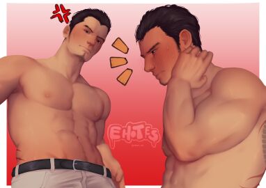 adult_male angry_face barechested below_view commissions_open ehot_es full_color kiryu_kazuma muscles red_background semi_nude shameless short_hair tattoo yakuza_(series)