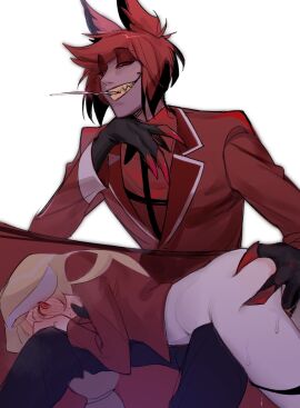 1boy alastor_(hazbin_hotel) black_hair blush bottomless charlie_morningstar_(hazbin_hotel) colored_skin commentary evil_grin evil_smile female fingering formal full-face_blush grabbing_another's_ass grin groping hazbin_hotel head_rest highres long_hair lying lying_on_lap male mooumao mouth_hold multicolored_hair on_stomach pussy pussy_juice red_eyes red_hair short_hair simple_background sitting smile straight suit symbol-only_commentary under_the_table utensil_in_mouth white_background white_skin