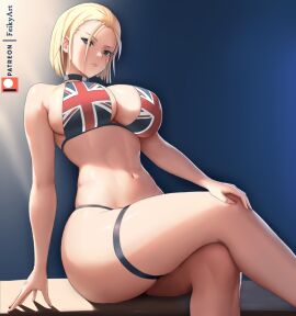 1girls bikini blonde_hair blue_eyes breasts cammy_white capcom crossed_legs feikyart female female_focus flag_bikini large_breasts navel patreon_username short_hair sitting solo street_fighter street_fighter_6 swimsuit tagme thick_thighs thighs union_jack union_jack_bikini watermark
