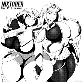 2girls big_breasts breasts busty cleavage clothing female female_only huge_breasts inktober large_breasts long_hair looking_at_viewer massive_breasts mrmelted mythra png pose pyra short_hair smile thick_thighs thunder_thighs v_sign wide_hips xenoblade_(series)