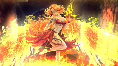 1girls agnia_(elemental_girls) alternate_version_available bare_shoulders barefoot breasts elemental_girls elemental_manipulation female fire game_cg ir_studio orange_hair pale-skinned_female solo wings