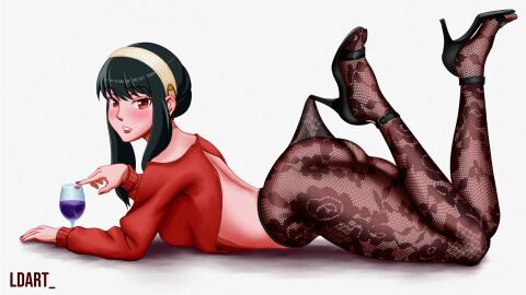 1girls ass big_ass big_breasts black_hair bottomwear breasts feet_up female female_only footwear glass hair heels high_heels lace lace-trimmed_legwear lace-trimmed_pantyhose lace_pantyhose_hooked_on_heel_(meme) lace_trim ldart legs_up legwear lingerie lips looking_at_viewer mature mature_female mature_woman meme nail_polish nails on_stomach pantyhose red_eyes red_nail_polish red_nails red_sweater solo solo_female spy_x_family sweater topwear white_background wine_glass yor_briar