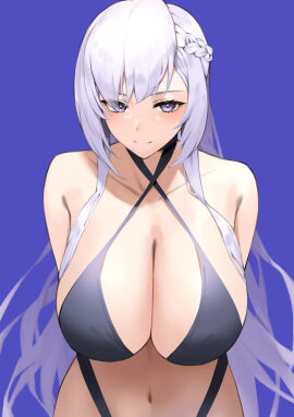 arms_behind_back azur_lane bare_arms bare_belly bare_chest bare_hips bare_midriff bare_navel bare_shoulders bare_skin bare_torso belfast_(azur_lane) belly belly_button bikini bikini_bottom bikini_only bikini_top black_bikini black_bikini_bottom black_bikini_only black_bikini_top black_string_bikini black_swimsuit black_swimwear blue_background blush blushing_at_viewer blushing_female braid braided_hair breasts cleavage closed_mouth collarbone crown_braid exposed exposed_arms exposed_belly exposed_midriff exposed_shoulders exposed_torso female hands_behind_back large_breasts long_hair looking_at_viewer lordol navel purple-eyed_female purple_eyes silver-haired_female silver_hair simple_background slender_body slender_waist slim_female slim_waist smile solo string_bikini swimsuit swimwear thin_waist upper_body white-haired_female white_eyebrows white_hair wide_hips