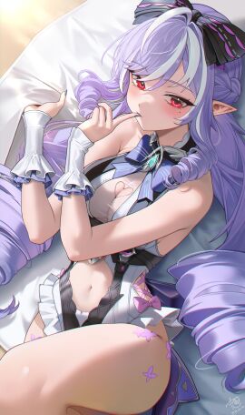 1girls breasts exposed_breasts female hoyoverse legs long_hair lying_on_back mihoyo official_alternate_costume purple_hair red_eyes swimsuit vivian_banshee vivian_banshee_(iris_of_the_shore) white_swimsuit zenless_zone_zero