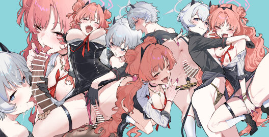 1boy 2girls absurdres anal anus aqua_background bar_censor black_horns black_shirt blue_archive breasts brown_hair censored clothed_sex clothes_around_waist commentary_request cum cum_on_body double_bun erika_(blue_archive) facial female fingering gloves grey_halo hair_bun halo highres horns jewelry kirara_(blue_archive) kurotsuki_machi large_breasts long_hair looking_at_viewer male multiple_females multiple_girls multiple_views necklace nipples penis pussy sex sex_from_behind shirt short_hair spread_legs vaginal_penetration white_hair white_shirt