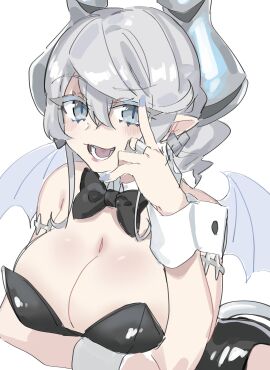 1girls breasts bunnysuit demon demon_girl earrings female focus fringe hi_res itoama_030 konami labrynth_of_the_silver_castle looking_at_viewer lovely_labrynth_of_the_silver_castle necktie open_mouth painted_nails playboy_bunny pose princess queen short_hair silver_eyes silver_hair smile solo tie white_background wings yu-gi-oh!