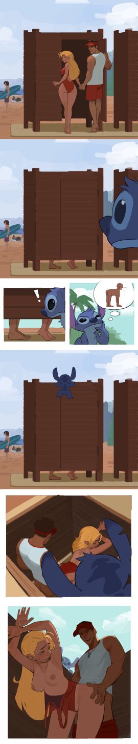 1boy 1boy1girl 1girls amugea areolae beach blonde_hair breasts caught caught_in_the_act changing_room comic curiosity disney female hidden lifeguard lifeguard_(lilo_and_stitch) lilo_and_stitch male outside public public_sex pussy red_swimsuit sex standing standing_doggy_style standing_sex stitch swimsuit topless vagina vaginal_penetration vaginal_sex viewed_from_above viewed_from_below