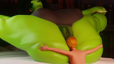 1boy 1girls 3d alternate_body_type ass_worship big_ass big_breasts elevenendless endlessillusion green_body green_hair green_skin huge_ass huge_breasts licking_ass marvel marvel_comics she-hulk