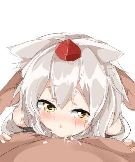 1boy animal_ear_fluff animal_ears blush commentary_request crying crying_with_eyes_open cum cum_in_mouth deepthroat fellatio female grey_hair hat highres houkai_(collapse_illust) inubashiri_momiji irrumatio looking_at_viewer male momiji_inubashiri open_mouth oral penis pov pov_crotch pov_hands red_hat short_hair simple_background solo_focus straight tears textless_version tokin_hat touhou white_background wolf_ears wolf_girl yellow_eyes