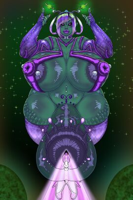 absurd_res alien alien_humanoid antennae_(anatomy) armwear balls big_balls big_breasts big_penis breasts clothed clothing desbjust footwear futanari gaping gaping_urethra genital_piercing genitals green_body hair hi_res high_heels huge_balls huge_breasts huge_cock humanoid hyper hyper_balls hyper_breasts hyper_genitalia hyper_penis implied_cock_vore intersex legwear lips navel navel_piercing nipple_piercing nipples nubbed_corona_glans penis penis_piercing piercing purple_clothing purple_eyes purple_hair purple_lips purple_nipples skimpy skimpy_topwear solo space stockings thick_thighs tractor_beam urethra vein veiny_penis