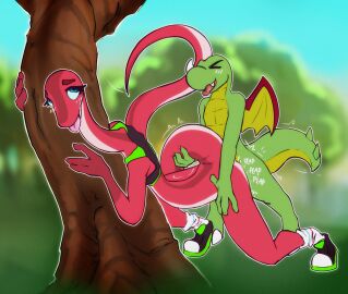 absurd_res against_natural_surface against_surface against_tree ambiguous_gender ambiguous_penetrated blue_eyes bottomless clothed clothing coelophysid coelophysis countershading dinosaur facial_horn fangs footwear forest forest_background furrin_gok_(sona) green_body green_skin hi_res horn long_tail looking_pleasured male male/ambiguous male_penetrating mario_bros membrane_(anatomy) membranous_wings nature nature_background nintendo nose_horn nude onomatopoeia open_mouth open_smile penetration plant prehistoric_species red_body red_skin reptile rex_(mario) saurischian scales scalie shoes size_difference smile socks sound_effects sports_top tail teeth text theropod tongue tongue_out tree white_body white_skin wings yellow_body yellow_scales