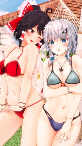 2024 2girls 3d bikini blue_bowtie blue_eyes blush bracelets duo_female embodiment_of_scarlet_devil female frills hairpin hips human light-skinned_female light_skin mmd necklace neckwear outdoors red_bikini red_bow red_eyes red_ribbon reimu_hakurei sakuya_izayoi sweatdrop swimsuit touhou white_hair yabuinu_mmder