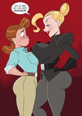 1940s 2girls 40s aeolus06 american american_female ass big_ass big_breasts big_thighs bigger_female blonde_female blonde_hair blue_eyes breasts brunette bust busty challenge chest contest curvaceous curvy curvy_figure dialogue digital_media_(artwork) english_text european european_female fem_ss_officer female german german_female german_text greta_schultz height_difference hips history hourglass_figure huge_ass huge_breasts large_ass large_breasts legs light-skinned_female light_skin mature mature_female nazi penny_thimble rex_steele_nazi_smasher shorter_female size_difference slim_waist smaller_female speech_bubble tall_female taller_female text thick thick_hips thick_legs thick_thighs thighs voluptuous waist wide_hips world_war_2 ww2