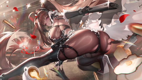 action_pose ass ass_cleavage ass_focus ass_visible_through_thighs breasts brown_hair cute female gun high_heels latex latex_gloves latex_thighhighs long_hair maid maid_outfit maid_uniform purple_eyes pussy ripped_clothing see-through sideboob skin_tight stockings thighs twintails uniform vagina vagina_focus vagina_visible_through_clothing