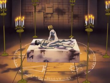 00s 1boy 1girls 2001 age_difference animated ass basement bible_black bible_black_night_of_the_walpulgiss blonde_hair candle candlestand cowgirl_position female indoors kitami_reika light_rays magic_circle minase_taki nude older_female_and_younger_male ritual school_nurse school_nurse_and_student sex short_hair straddling straight tagme teacher_and_student