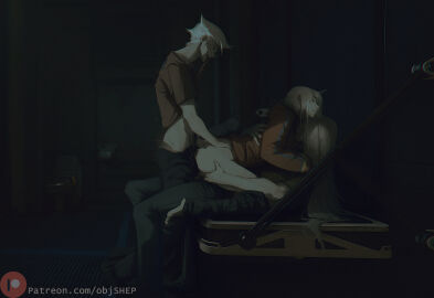 1girls 2boys anal ass barefoot black_eyes black_pants bottomless breasts breasts_out chromatic_aberration clothed_sex clothes_in_mouth clothes_pull clothing commentary cowgirl double_penetration english_commentary female female_on_top from_behind from_side grabbing_another's_ass groping group_sex highres indoors jacket licking_another's_chest long_hair looking_back male mmf_threesome mouth_hold multiple_boys multiple_males obj_shep open_mouth orange_jacket orange_shirt original paid_reward_available pale_skin pants pants_pull parted_lips patreon_logo patreon_username penetration pussy sex sex_from_behind shirt shirt_in_mouth short_hair small_breasts smile spread_legs starfield straight_hair threesome torso_grab vaginal_penetration very_short_hair white_hair