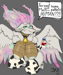 animal_print anthro big_breasts breasts conejitosempai cow_print cowbell dragon english_text female hair horn huge_breasts humanoid milk mythological_creature mythological_scalie mythology nipples nude original original_character scalie simple_background solo spread_wings text the_divine_(zeblackballd) wings