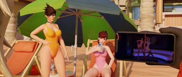 2girls 3d beach breasts brown_hair d.va female glasses gxnsfwtgirl juxtaposition large_breasts light-skinned_female light_skin multiple_females multiple_girls one-piece_swimsuit overwatch phone photo_comparison pole_dancing strip_club stripper_pole swimsuit sxnsfwtgirl tracer