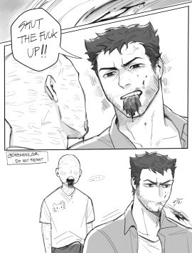... 2boys anger_vein bald beard bleeding blood_on_face bulge commentary_request deadpool deadpool_&_wolverine deadpool_&_wolverine_(2024) deadpool_(series) dreaming_oor english_text erection erection_under_clothes facial_hair gore greyscale guro hello_kitty hello_kitty_(series) highres injury lips looking_at_another male male_focus male_only male_ryona marvel marvel_comics monochrome mouth_hold multiple_boys multiple_males no_lips open_mouth pants sanrio scar severed_limb shirt short_hair short_sleeves speech_bubble spitting spoken_ellipsis teeth torn_skin twitter_username violence wolverine_(x-men) x-men yaoi