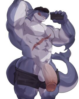 abs anthro balls bottomwear clothing digital_drawing_(artwork) digital_media_(artwork) electronics eyepatchedfloof fish genitals gills glans hat headgear headwear hi_res licking licking_lips male marine multicolored_body muscular muscular_anthro muscular_male pecs penis phone scar shark shorts simple_background tail tongue two-tone_body white_background