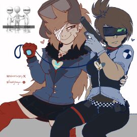 bandages_over_ey bandages_over_eyes blush collar digital_art dominant_female eddsworld eddsworld_future ellsworld female hand_on_another's_shoulder hearts_around_head leash_pull legs_apart leotard looking_at_another not_porn pencil_skirt prepare4surgery sitting stockings submissive_female tamara_(eddsworld) tori_(eddsworld) visor_(eyewear) yuri