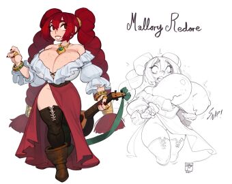 1girls areolae big_breasts boots braided_twintails breasts breasts_out cleavage english_text female female_only freckles freckles_on_breasts gattles hi_res jewelry legwear long_hair mallory_redore musical_instrument necklace nipples red_eyes red_hair shocked shocked_expression smiling solo text thick_thighs twintails wardrobe_malfunction white_background