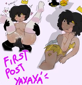 :3 ass bad_anatomy big_ass bite_marks black_hair breasts crown crying cum_in_pussy female humanization humanized non-human oc pussy queen raped_by_monster striped_socks team_yellow thick_thighs tophat torn_clothes torn_dress what wings yellow_eyeshadow