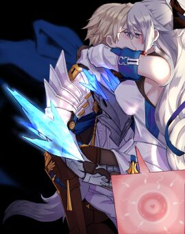 1boy 1girls absurdres armor arms_around_neck aroused bare_shoulders big_breasts black_background black_bow black_leggings blonde_hair blue_eyes blush bow breasts bronya_rand brown_footwear brown_gloves clothed_sex coat commission earrings excited female fertilization gepard_(honkai:_star_rail) gepard_landau gloves grey_hair hairbow hand_on_another's_thigh heart heart-shaped_pupils highres honkai:_star_rail honkai_(series) impregnation jewelry kissing kissing_while_penetrated large_breasts leggings light-skinned_female light_skin long_hair looking_pleasured male ovum pale-skinned_female pale_skin pussy second-party_source sex standing_sex straight suspended_congress symbol-shaped_pupils vaginal_penetration yona_(illusty0na)