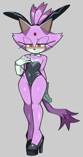 blaze_the_cat blush blush_face bunny_ears bunny_girl bunnysuit cat_ears cat_girl cat_tail catgirl embarrassed embarrassed_female female flat_chest flat_chested gloves high_heels jewel_on_forehead looking_away_from_viewer looking_down purple_fur sonic_(series) sonic_the_hedgehog_(series) tagme thick_thighs true_flat_chest