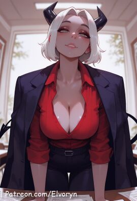 1girls ai_generated big_ass big_breasts blush breasts demon demon_girl demon_horns demon_tail elvoryn female female_on_cloth gray_eyes heart_symbol helltaker horns justice_(helltaker) nipples smiling smiling_at_viewer standing stretching sweat sweatdrop sweating sweaty sweaty_body tagme tomboy topless white_hair white_skin