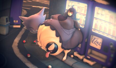 2025 3d 3d_(artwork) absurd_res ass back_alley belly belly_expansion belly_rub big_ass big_belly big_breasts big_butt black_body breast_grab breasts breasts_bigger_than_head clothed clothing detailed_background digital_media_(artwork) dress evening expansion female gastly generation_1_pokemon groping_belly group hair hand_on_ass hand_on_breast hand_on_butt haunter hex_maniac hi_res huge_belly human leaning_on_object lips long_hair looking_at_another lustful_zen mammal nintendo nipple_outline not_furry orgasm_face overweight pale_skin pokeball pokemon pokemon_(species) purple_body purple_clothing purple_dress purple_hair purple_lips raised_clothing raised_dress smile source_filmmaker_(artwork) thick_thighs tight_clothing tight_dress tongue tongue_out trio vending_machine vore