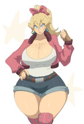 1girls belt blonde_hair blue_eyes bow bow_on_head breasts cleavage clothing curvy ear_piercing eyelashes female female_only gloves jacket large_breasts large_hips leedraw11 light-skinned_female light_skin looking_at_viewer mario_(series) mario_kart mario_kart_world mature mature_female nintendo official_alternate_costume pink_bow pink_jacket ponytail princess_peach princess_peach_(touring) shirt shorts thick_thighs thighs voluptuous voluptuous_female white_background white_shirt wide_hips