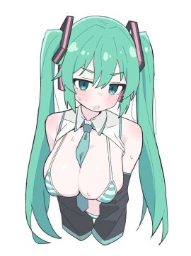 big_breasts blue_eyes blue_hair blush breasts detached_sleeves female hatsune_miku hatsune_miku_(collared_bikini) meme_attire necktie necktie_between_breasts sleeves striped_bikini stripes tie twintails vocaloid