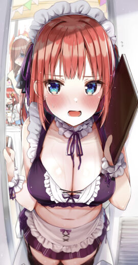 3girls absurd_res absurdres belly belly_button blue-eyed_female blue_eyes blush blush_lines blushing_at_viewer blushing_female breasts cleavage collarbone dot_nose elbows embarrassed embarrassed_female female female_focus female_only fingers go-toubun_no_hanayome hair_ribbon high_resolution high_school_student highres indoor indoors large_breasts legs light-skinned_female light_skin long_hair looking_at_viewer maid maid_apron maid_headdress maid_outfit maid_uniform multiple_females multiple_girls nakano_itsuki nakano_miku nakano_nino navel open_mouth parted_lips purple_hair_ribbon purple_ribbon purple_skirt purple_topwear red-haired_female red_hair ribbon rouka_(akatyann) school_girls schoolgirl shoulders sitting skirt slender_body slender_waist slim_female slim_waist standing teenage_female teenager thighs thin_waist tongue topwear upper_body