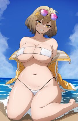 absurdres anis_(nikke) anis_(sparkling_summer)_(nikke) beach bikini breasts brown_hair daydarion dayyo_(daydarion/day-chan) eyepatch_bikini eyewear_on_head female goddess_of_victory:_nikke grin hair_ornament highres jacket large_breasts looking_at_viewer navel ocean open_clothes open_jacket outdoors short_hair side-tie_bikini_bottom sky smile solo stomach sunglasses swimsuit thighs white_bikini yellow_jacket