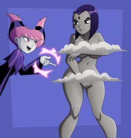 ass big_ass big_breasts breasts clothed_female_nude_female female pink_hair purple_hair raven raven_(dc) yuri