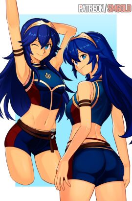 1girls arm_up armpits ass blue_background blue_eyes blue_hair border breasts closed_mouth commentary crossed_bangs english_commentary female fire_emblem fire_emblem_awakening fire_emblem_cipher hair_between_eyes highres long_hair looking_at_viewer lucina_(fire_emblem) medium_breasts midriff navel nintendo official_alternate_costume one_eye_closed outside_border simple_background smgold smile solo solo_female stomach swimsuit tiara white_border