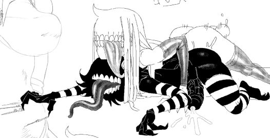 anal anal_sex armwear bared_teeth black_body black_skin bodily_fluids censor_(danoosecallin) claws clothing cum danoosecallin duo erection genital_fluids genitals hair hi_res horn horned_humanoid humanoid legwear long_hair male male/male mammal monster pattern_armwear pattern_clothing pattern_legwear pattern_stockings penetration penis rough_sex sex short_hair stockings striped_armwear striped_clothing striped_legwear striped_stockings stripes teeth teeth_showing tongue white_body white_hair white_out_(danoosecallin) white_skin