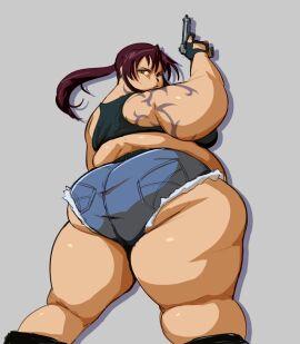 1girls ass big_ass black_lagoon fat_ass female hi_res obese rebecca_lee revy simple_background softon solo ssbbw