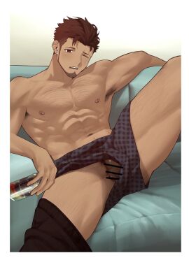 1boy abs armpit_hair bar_censor bara beard beer_can boxers can censored couch dark-skinned_male dark_skin drink_can earrings eyebrow_cut facial_hair feet_out_of_frame flaccid foreskin full_beard goburin_second hair_tattoo hairy harumi_(goburin_second) highres jewelry large_pectorals looking_at_viewer male male_focus male_underwear muscular muscular_male navel navel_hair nipples on_couch one_eye_closed original paid_reward_available pectorals penis penis_peek short_hair solo solo_male sparse_chest_hair spread_legs stomach thick_thighs thighs uncircumcised underwear wide_spread_legs yaoi