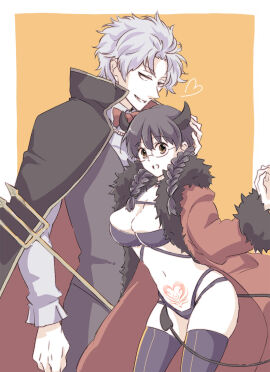 1boy 1girls big_breasts black_hair black_legwear black_thighhighs braided_hair braids breasts brown_eyes cleavage coat demon demon_girl demon_horns demon_tail female fully_clothed genderswap genderswap_(mtf) gintama gintoki_sakata glasses halloween halloween_costume light-skinned_female light_skin looking_at_viewer male miwa official_alternate_costume pale-skinned_female pale_skin pubic_tattoo rule_63 shimura_shinpachi smile succubus thighhighs twin_braids vampire vampire_boy vampire_costume yellow_background